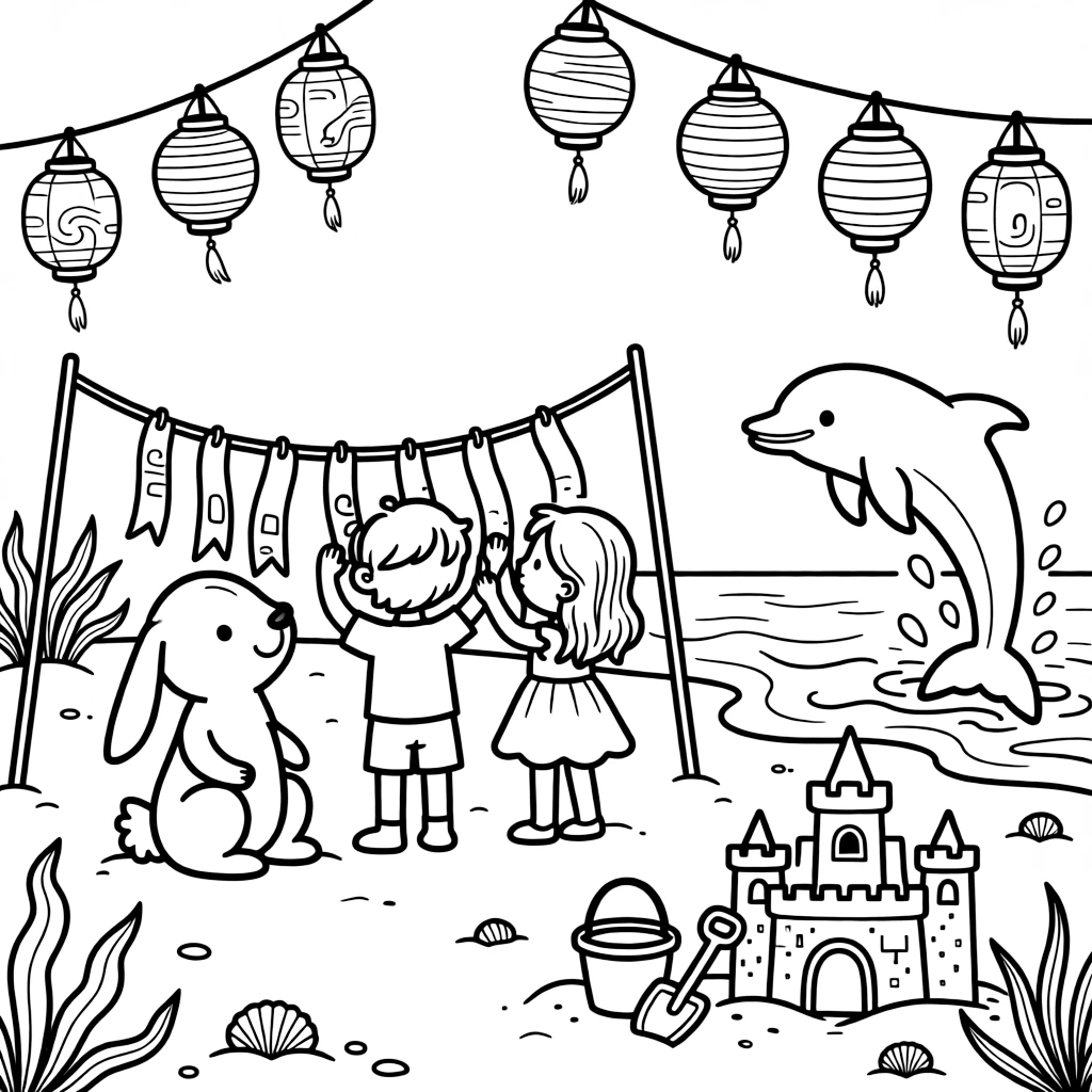 A floppy-eared bunny admiring children writing wishes on paper strips at an outdoor night market strung with paper lanterns, near a friendly dolphin leaping from the waves and a bucket and shovel by a sandcastle.
