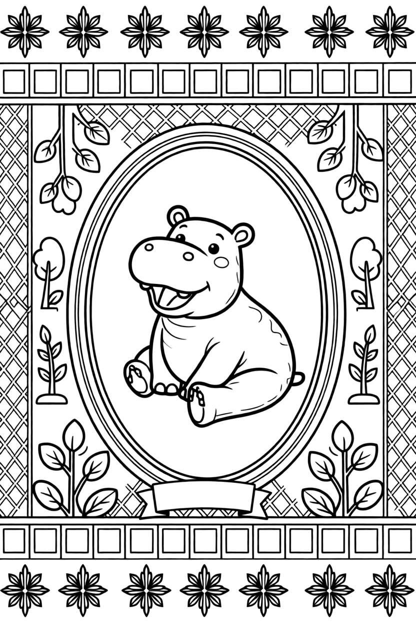 Zoo & Safari Animals: The page presents a small themed scene built around a hippo resting with its mouth open wide, tied together by an oval medallion mandala framed by a double border. The scene is placed in the center of a small symmetrical scene, with matching background details balanced evenly on both sides. Decorative details fill the surrounding space, including six-point snowflake shapes, rows of small square tiles, and a grid of lattice diamonds woven throughout the background. A playful extra touch completes the page: a little blank banner tucked into the design, ready for a name to be added.