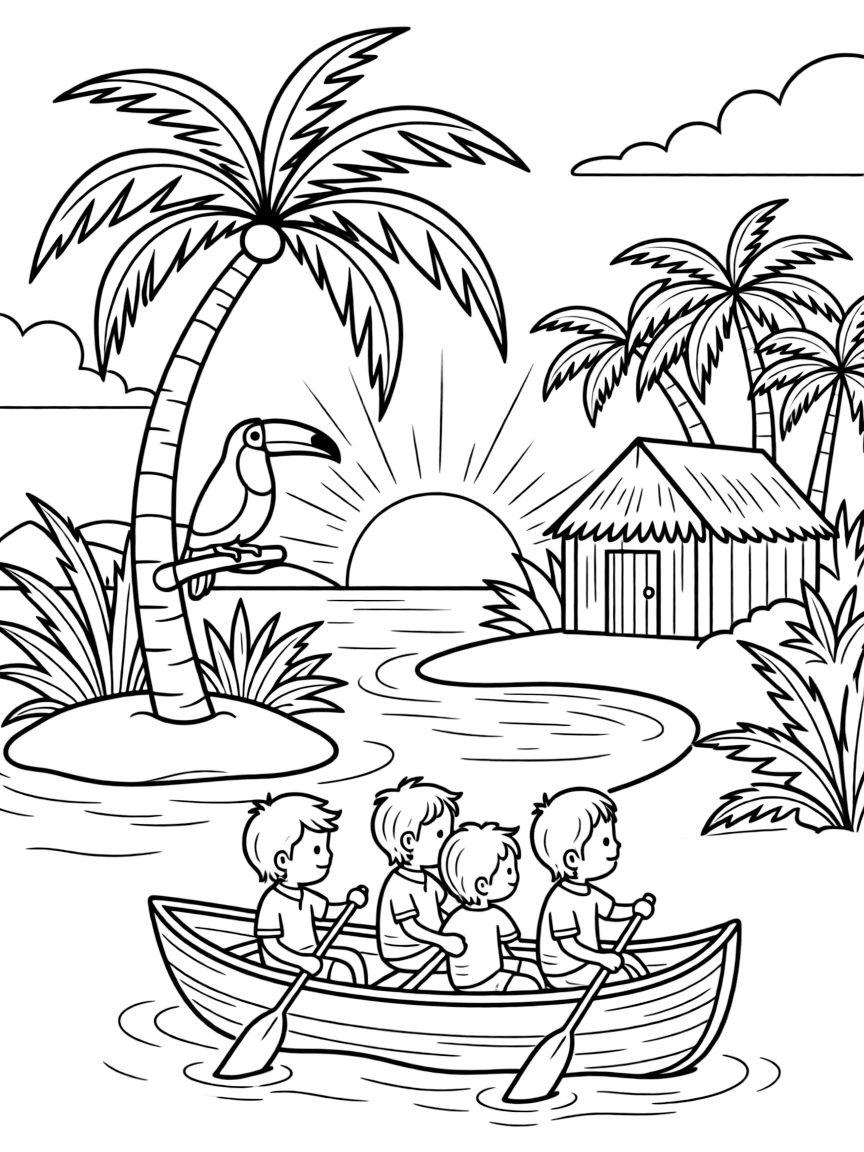 [Tropical Islands] A group of children paddle a small canoe toward a tiny island with a single curved palm tree. A toucan perches on a low branch overlooking a hidden cove with turquoise water. A small hut with a thatched roof sits beneath swaying palm trees near a quiet lagoon. A warm breeze rustles the palm fronds as the sun sets in brilliant orange and pink.