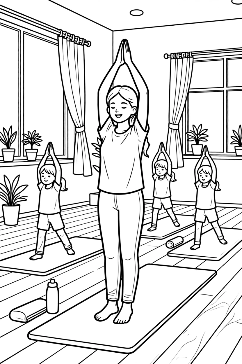 A yoga instructor leads a class through a peaceful pose in a sunny studio.