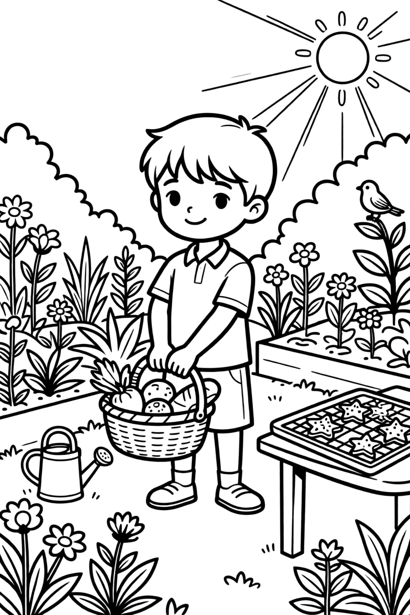 A little brother carrying a basket of donated food at a community garden as star-shaped cookies cool on a tray.