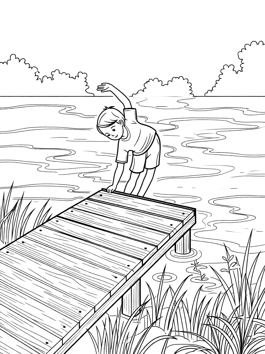 A shy new student, stretching on the dock before a morning practice as mist rises off the water.