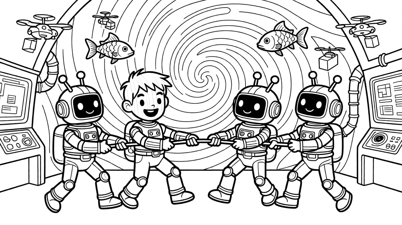 Korr, an alien with rainbow-striped skin leading a friendly tug-of-war between two robot teams in a research base at the edge of a swirling nebula, as a school of glowing space fish swimming through the air and tiny drones buzzing around delivering packages fill the scene.