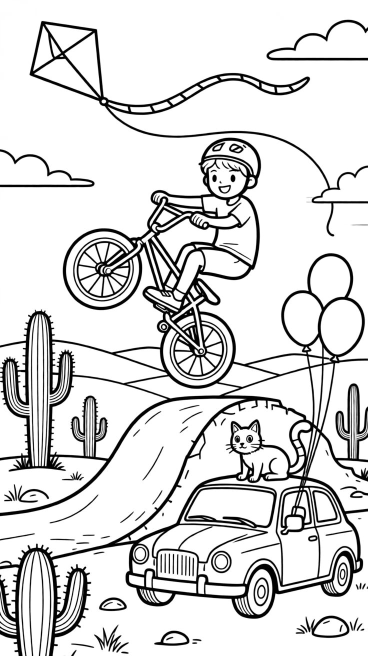 This page centers on a BMX bike popping a wheelie over a dirt ramp exploring a golden desert dotted with cacti and distant sand dunes, featuring a curious cat perched on the hood and little extras like a kite dancing in the breeze above and balloons tied to the rearview mirror.