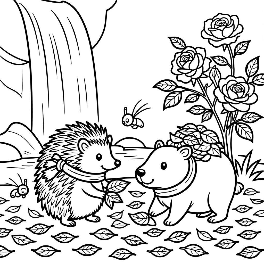 A hedgehog helping gather fallen leaves with a wombat near a waterfall, near a rose bush, with fireflies twinkling nearby.