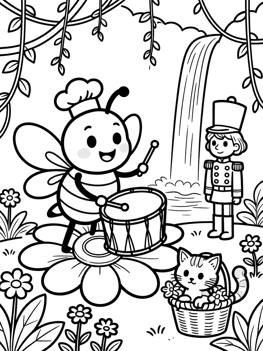 A huggable bee honey baker is playing a drum solo on giant flower petals in a jungle clearing with hanging vines and waterfalls, joined by a wind-up toy soldier standing at attention and a curious kitten peeking out from a basket. It feels like the best day ever for everyone involved.
