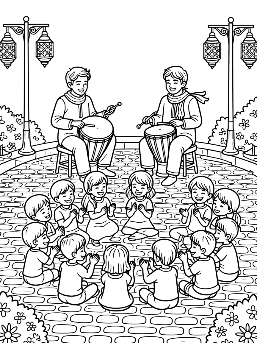 A coloring page bursting with rhythm from Morocco, showing musicians playing hand drums and castanets in a lively square, with an audience of clapping children gathered around in a circle.