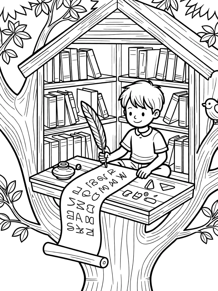 a proud little boy sits in a treehouse library and traces letters of the alphabet with a feather quill on a scroll of parchment.