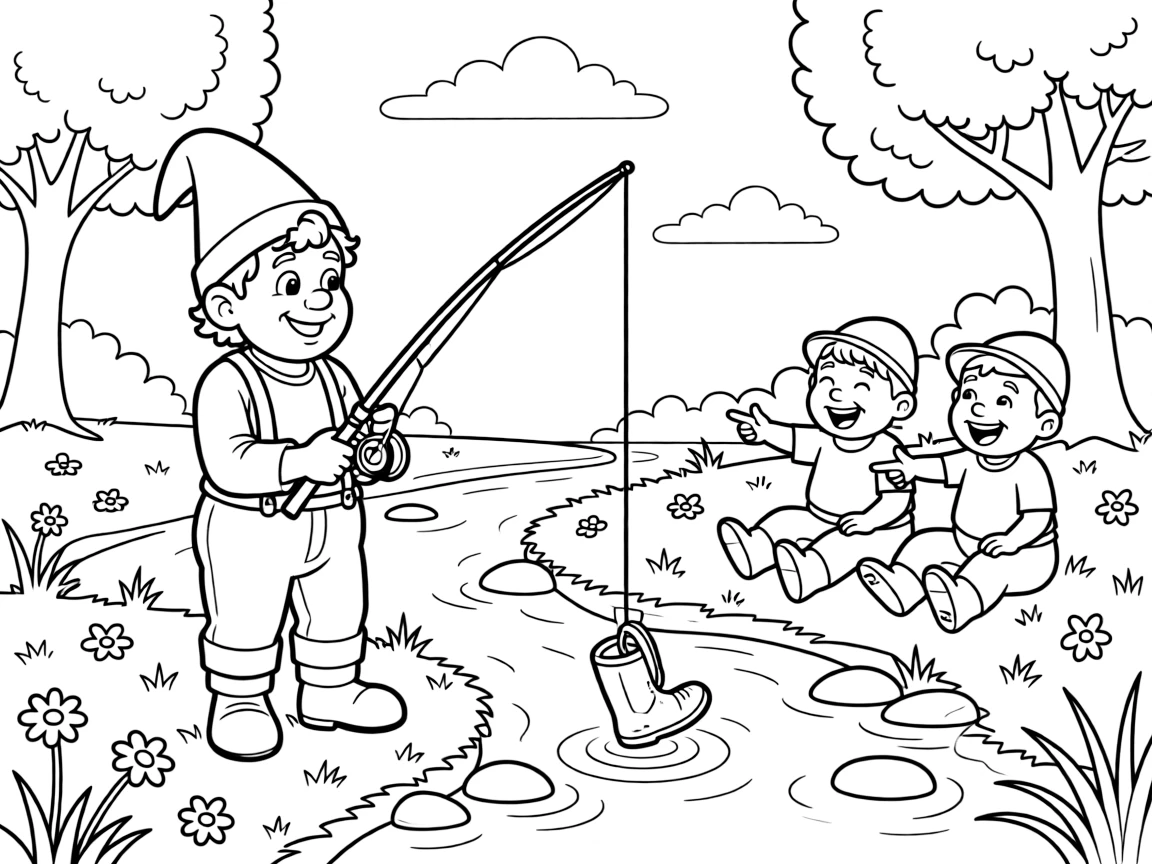 A gnome fisherman reels in a boot instead of a fish, much to the amusement of his fishing companions on the riverbank.