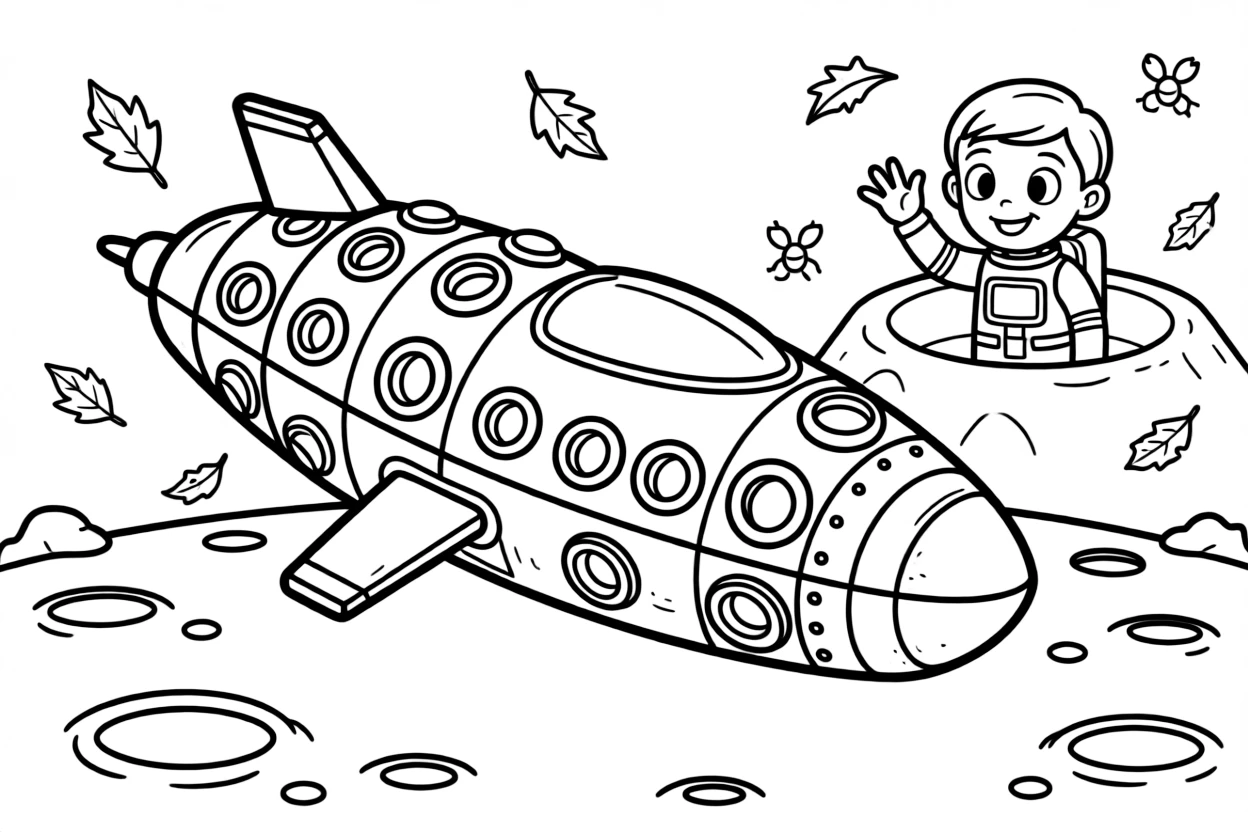 [Spaceships] a chunky space cruiser landing gently on a cratered moon on the surface of a rocky alien moon. In the background, a friendly alien waves from a crater, adding extra fun to explore. Tiny portholes line the ship's hull. It all happens on a crisp autumn afternoon, with fireflies beginning to glow.