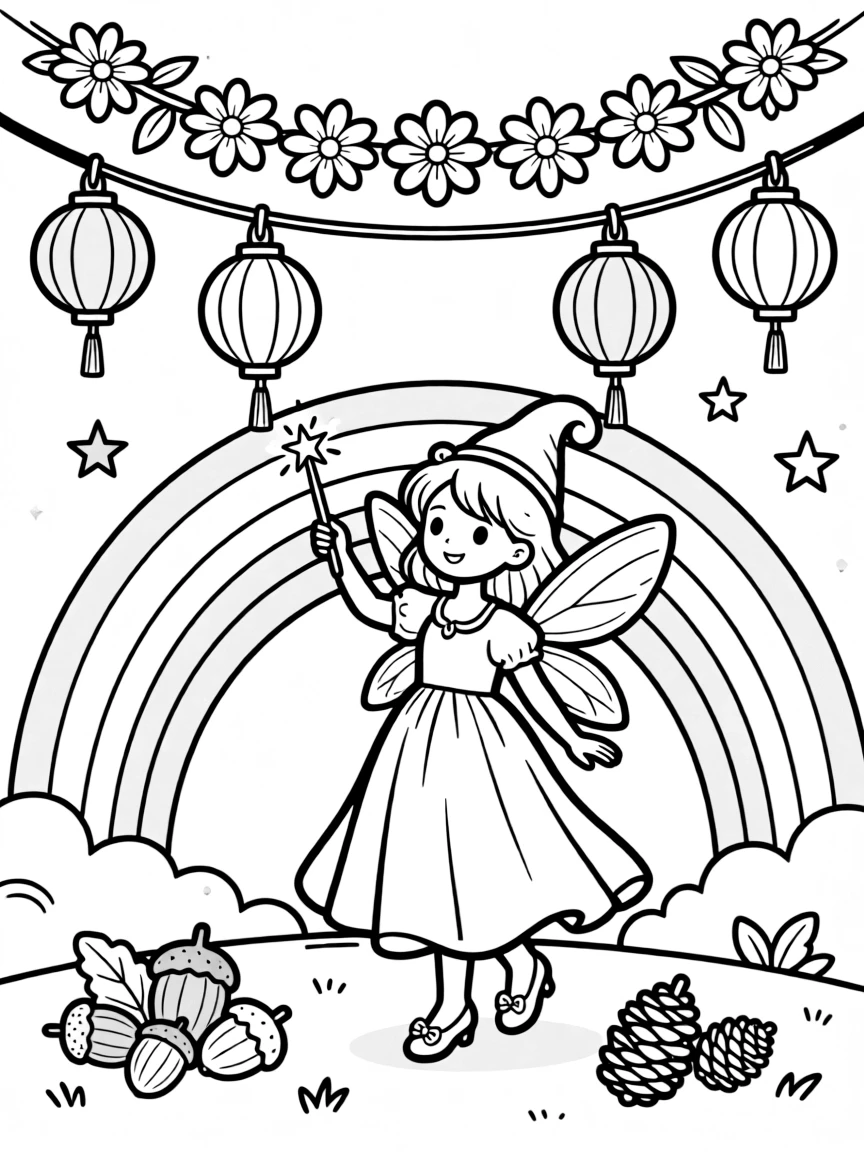 A fairy godmother girl waving a sparkling wand is hanging paper lanterns for an evening celebration beside a rainbow arching after the rain. Scattered nearby, a cluster of acorns and pinecones scattered about and a garland of paper flowers strung overhead add a playful, cheerful touch.