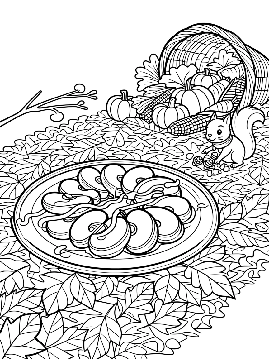 A plate of apple slices drizzled with honey along a path covered in fallen red and orange leaves, with a cornucopia spilling over with vegetables and a squirrel gathering acorns nearby.