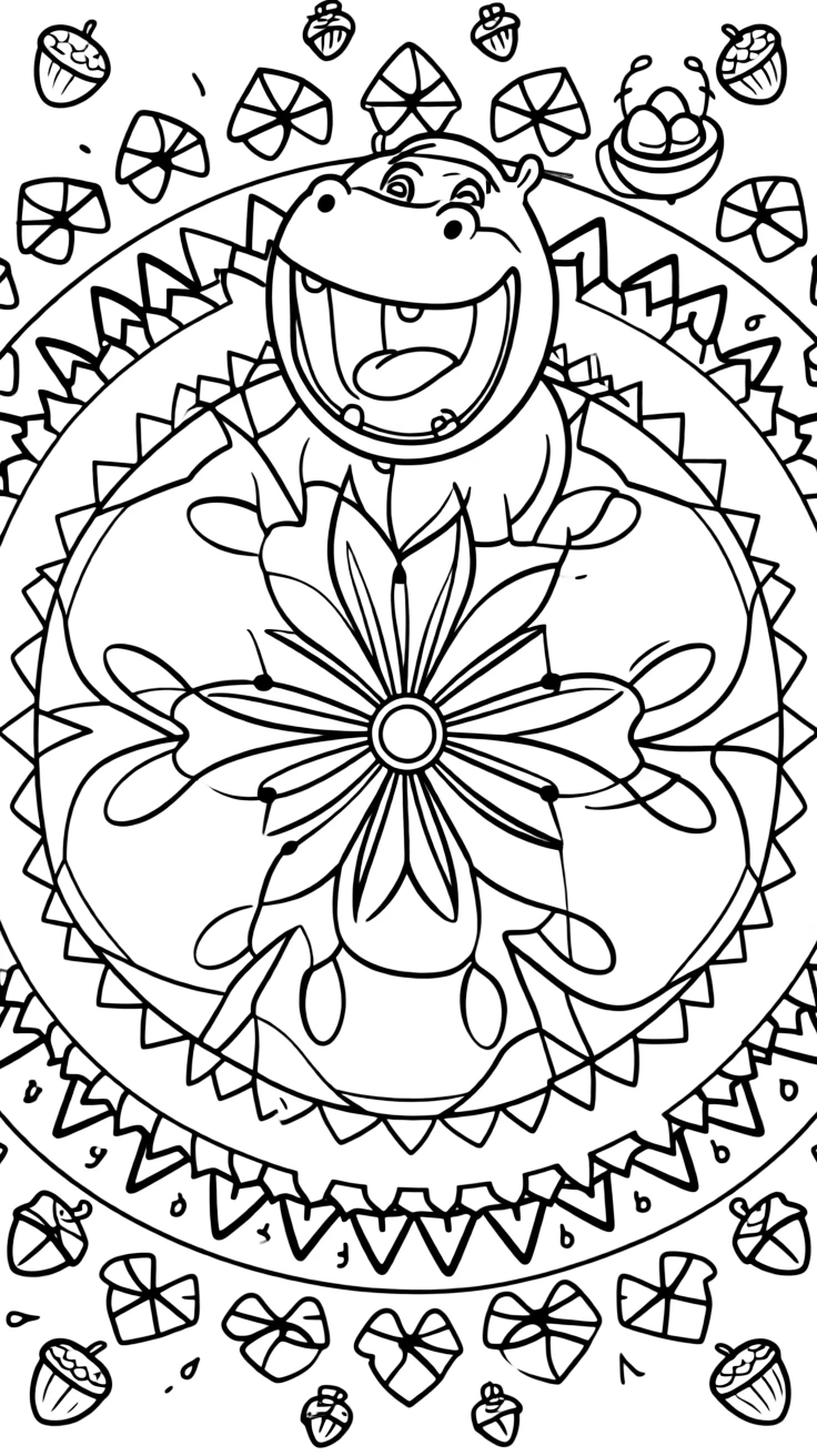 Zoo & Safari Animals: The design turns a hippo resting with its mouth open wide into a kaleidoscope-style composition anchored by a wheel-spoke mandala radiating from a round hub. The imagery is split into four mirrored quadrants that meet at the center, each quadrant a rotated echo of the next. Decorative details fill the surrounding space, including clusters of tiny acorns, rows of teardrop-shaped petals, and angular crystal facets woven throughout the background. A playful extra touch completes the page: a tiny nest holding three small eggs tucked into the pattern.