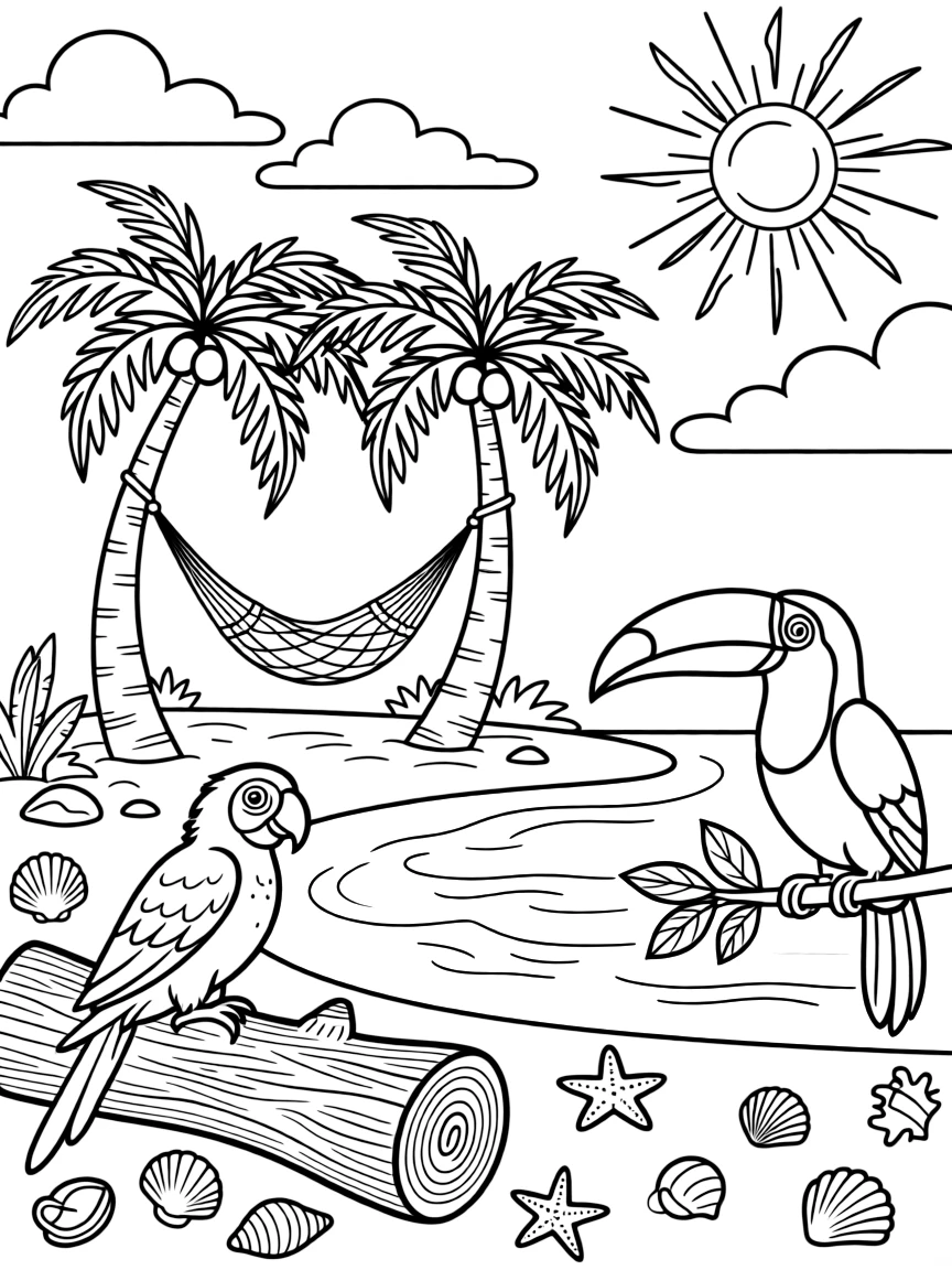 [Tropical Islands] A colorful parrot perches on a driftwood log, surrounded by scattered seashells and starfish. A toucan perches on a low branch overlooking a hidden cove with turquoise water. A rope hammock hangs between two palm trees overlooking a curve of white sand. Bright sunshine sparkles across the turquoise water beneath a sky full of fluffy clouds.