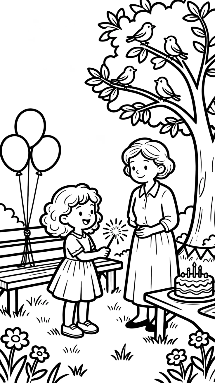 A curly-haired girl lighting a sparkler during a grandparent's retirement party with a grandmother as birds chirp in a nearby tree.