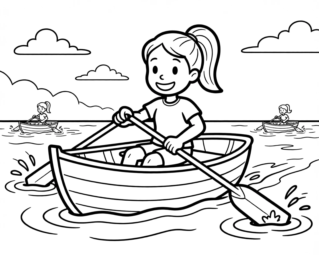 An energetic girl with a big smile, pulling hard on the oars during the final sprint of an exciting race.