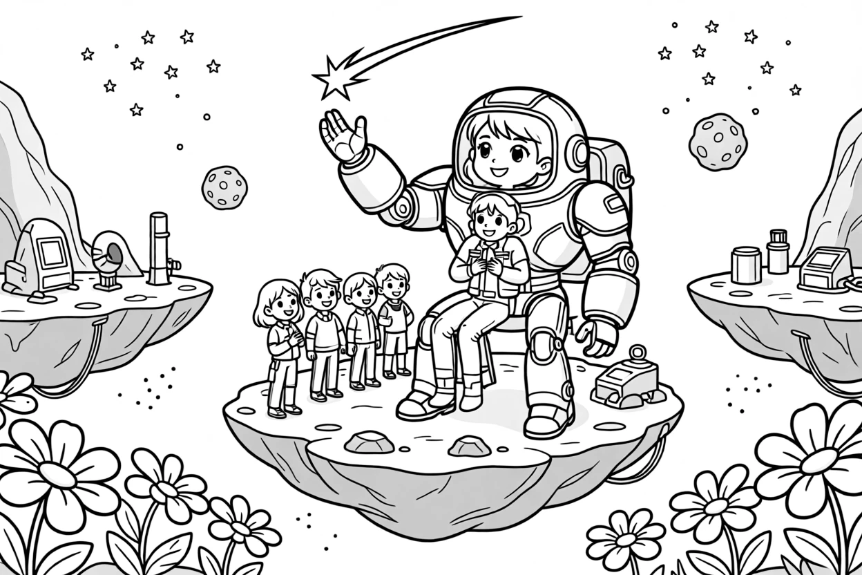 In an asteroid belt mining outpost with floating rock platforms, young pilot Quill riding inside the friendly giant mech Solar Sentinel spotting a shooting star and making a wish with new friends, while a garden of oversized glowing flowers adds to the excitement.