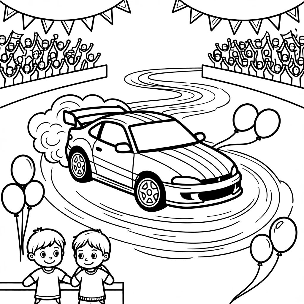 In this scene, a drift car spinning smoke trails around a track corner is the star of a race track lined with cheering fans in the grandstands, joined by twin siblings pressing their faces to the window, with a string of triangle pennant flags overhead and balloons tied to the rearview mirror scattered throughout for kids to color.
