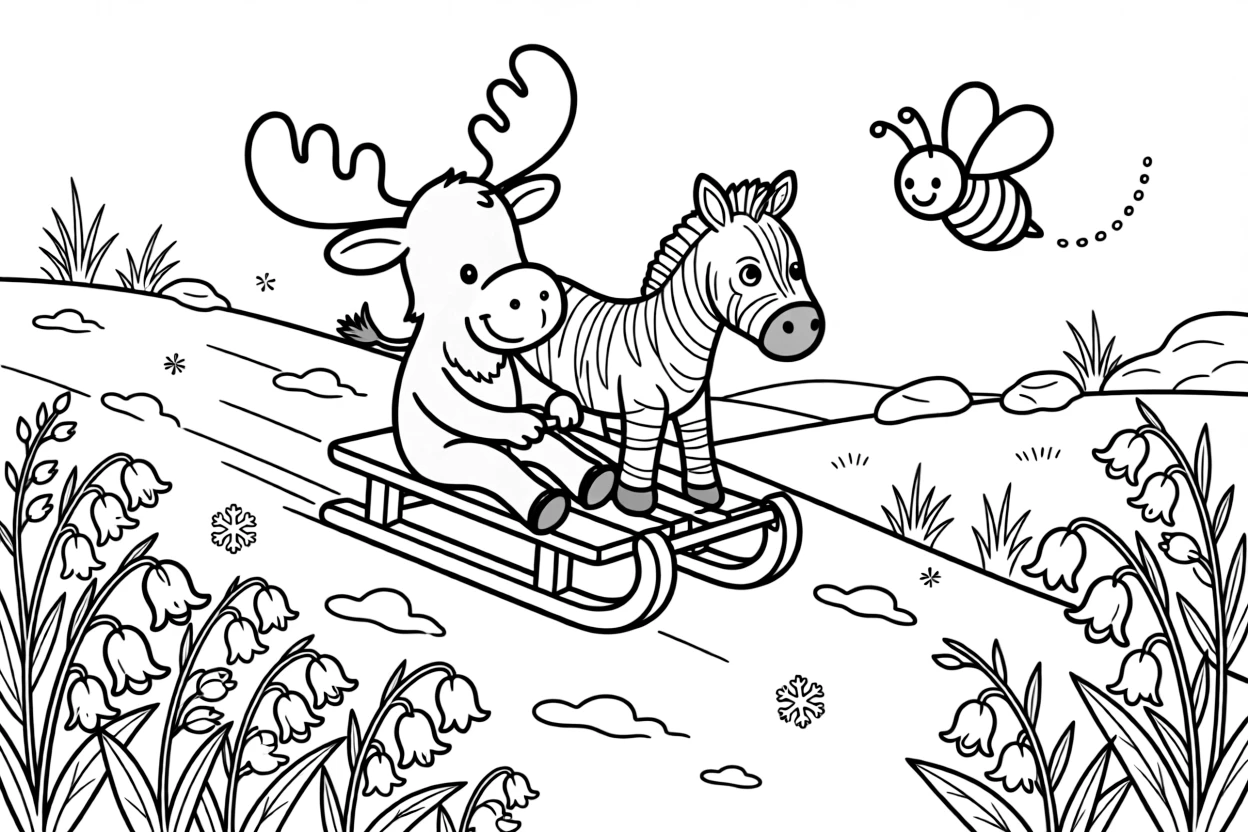 A moose calf along a dusty savanna trail, sledding down a snowy hill with a zebra foal, next to a bluebell woodland, while a friendly bee buzzes past.