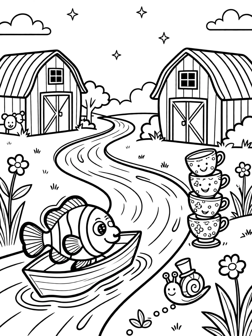A twinkly clownfish tour guide is sailing a paper boat down a rain-puddle river on a farm with rainbow-striped barns, joined by a wobbly tower of stacked teacups and a snail wearing a tiny top hat. The whole gang can't stop smiling.