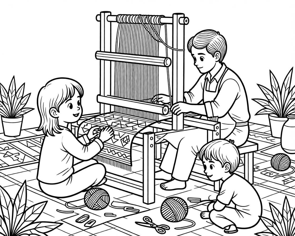 A coloring page of a child in Morocco enjoying a craftsman weaving a colorful Berber rug on a wooden loom, surrounded by colorful supplies and a curious sibling watching closely.
