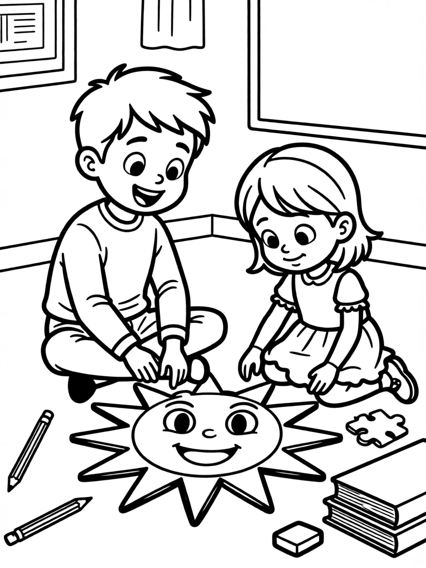 a wide-eyed older brother and his little sister solves a jigsaw puzzle shaped like a smiling sun on the classroom floor.