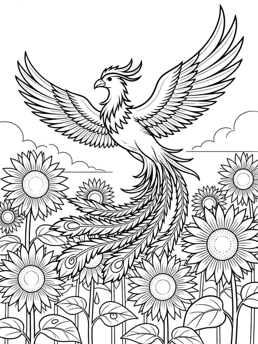 A phoenix flies through a field of sunflowers at dawn, its fiery feathers making the flowers glow like tiny suns.