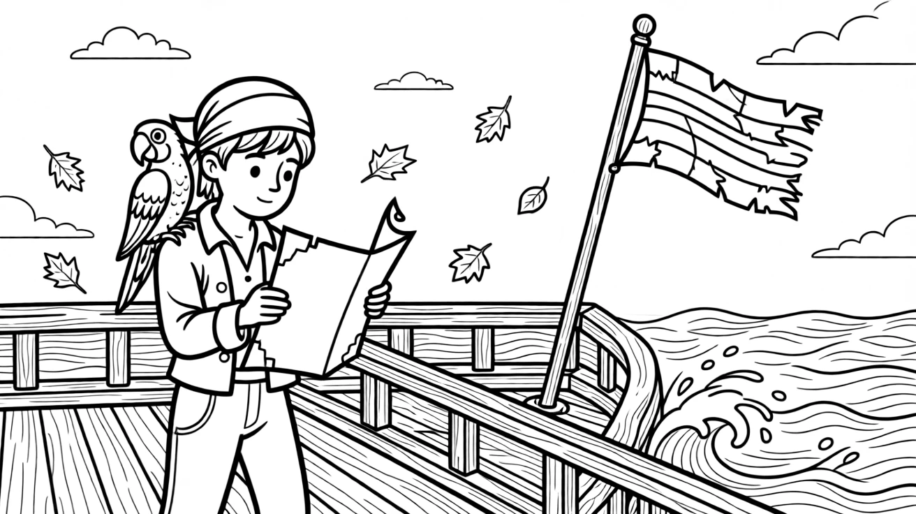 [Pirates] a pirate with a parrot on their shoulder studying an old treasure map aboard a wooden sailing ship, concentrating hard with a focused expression, while waves crash against the ship's hull fills the surrounding area. A weathered flag flutters from the mast. Set in the late afternoon, with autumn leaves swirling in the wind, the page bursts with adventure and imagination.