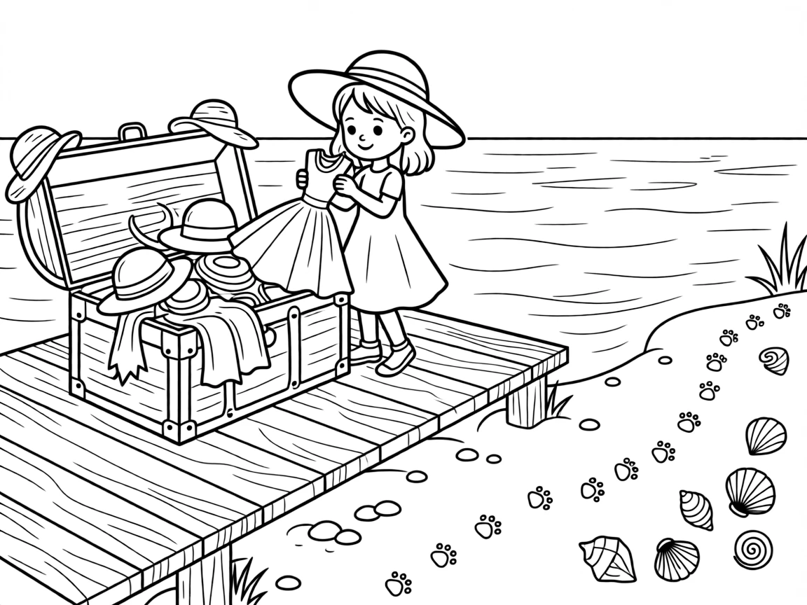 A girl in a wide sunhat is trying on a trunk full of dress-up costumes on a wooden dock by a calm lake. In the background, a trail of tiny paw prints leading away and glittering seashells scattered on the sand add a sprinkle of wonder to the moment.