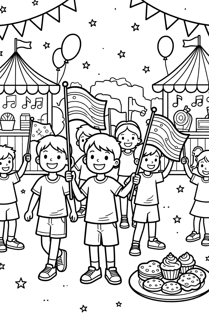 A close-up of children carrying flags in a festive parade at a fairground with games, music, and food stalls, surrounded by children waving small flags and a plate of traditional festive treats.