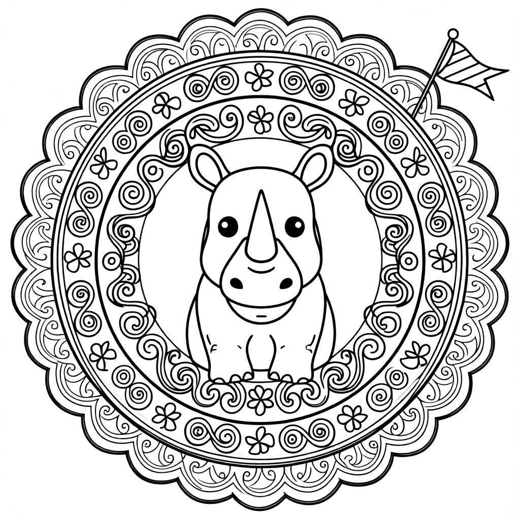 Zoo & Safari Animals: The main subject is a rhinoceros with a single curved horn, drawn as the focal point of a scalloped wreath mandala with rounded overlapping arcs. It is placed at the very center of the page, with the surrounding rings growing larger and more detailed toward the outer edge. Decorative details fill the surrounding space, including swirling vine tendrils, rows of curling wave shapes, and pinwheel blades spinning in place woven throughout the background. A playful extra touch completes the page: a small flag on a stick poking out from one side of the pattern.