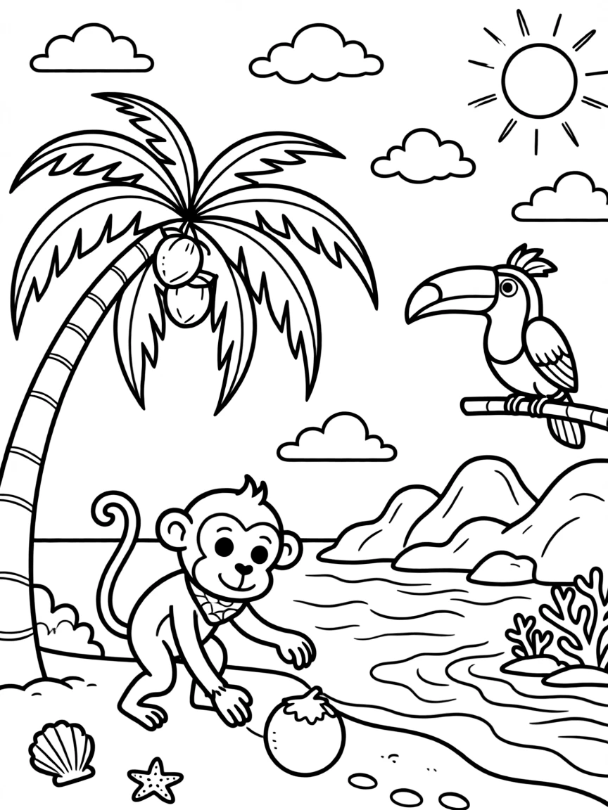 [Tropical Islands] A friendly monkey swings from a palm tree, tossing coconuts down onto the soft sand below. A toucan perches on a low branch overlooking a hidden cove with turquoise water. Coral formations rise beneath the clear water near a cluster of smooth volcanic rocks. Bright sunshine sparkles across the turquoise water beneath a sky full of fluffy clouds.