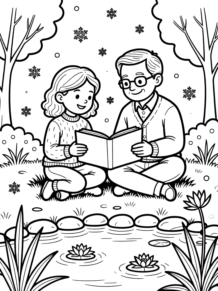 An older sister reading a big storybook together with a great-grandparent by a small pond while snowflakes fall softly.