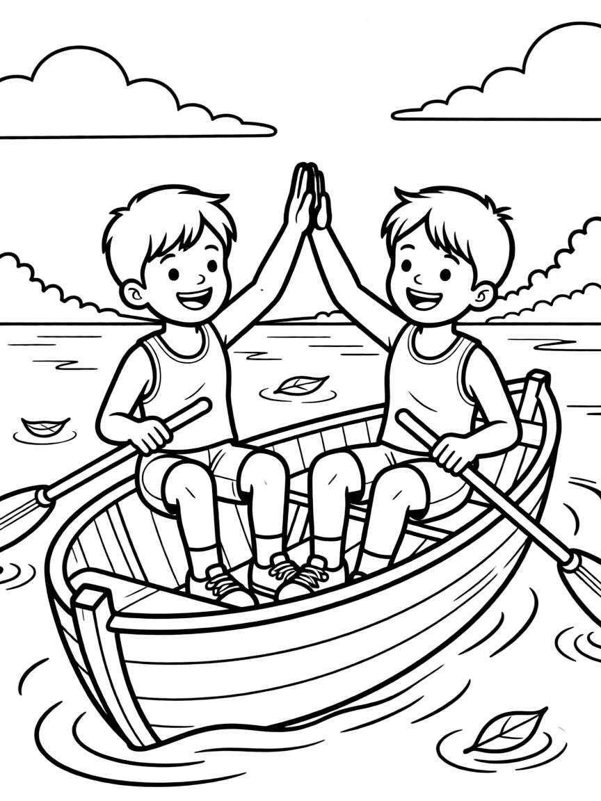 A pair of twin siblings, high-fiving teammates in the boat after setting a new personal best time.