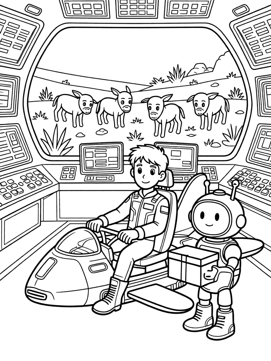 In a spaceship's bright control room full of blinking buttons and screens, pilot Solstice zooming along on a glide-copter helping a nervous new robot make its first delivery run, while a herd of gentle six-legged alien creatures grazing nearby adds to the excitement.