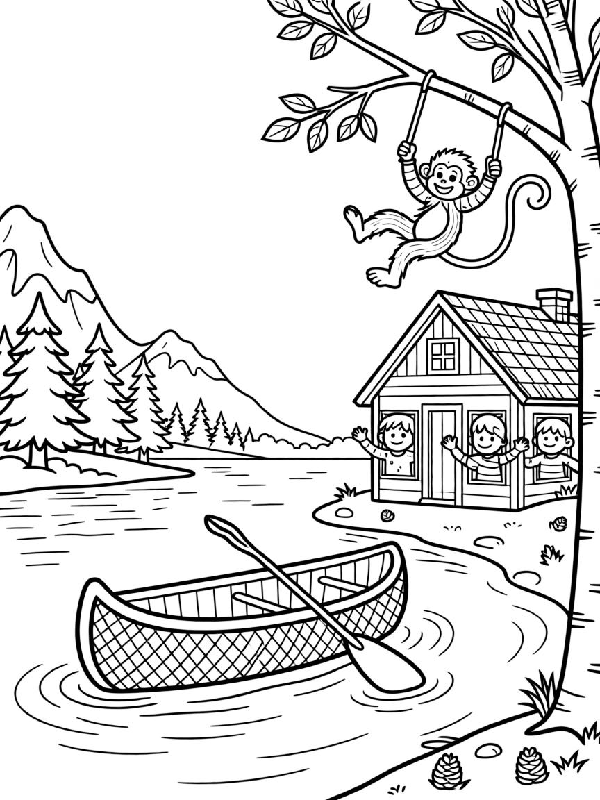 A birchbark canoe gliding across a calm lake is shown journeying through a snowy mountain pass with pine trees dusted in white, with a group of cheerful kids waving from the windows close by and a friendly monkey swinging through nearby branches completing the lively scene.