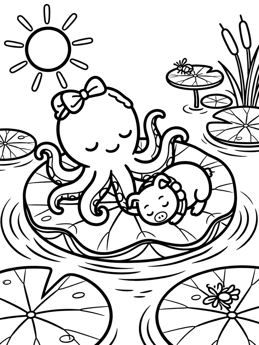 A friendly octopus on a floating lily raft, napping in a sunbeam next to a piglet, next to a lily pad pond, as dewdrops sparkle on the leaves.