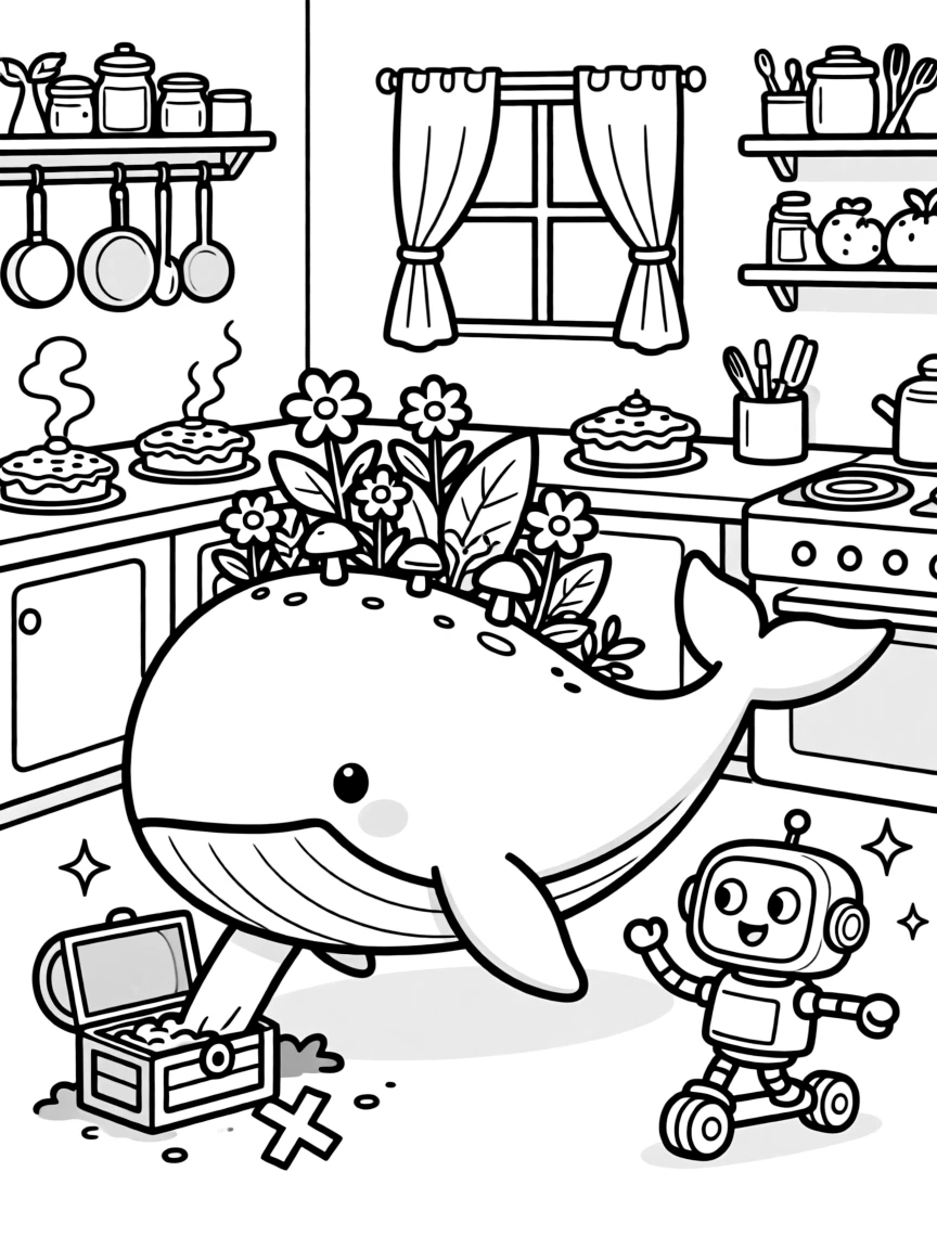 In a cozy kitchen filled with steaming pies, a bold whale with a garden on its back discovers the joy of digging for buried treasure marked with an X, while a tiny robot rolling along on training wheels watches happily nearby. Little cheers of excitement fill the air.