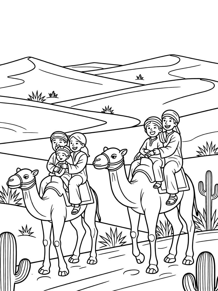 A coloring page of a family riding camels through the golden dunes of the Sahara in Morocco, showing grandparents, parents, and children all taking part together in the fun.