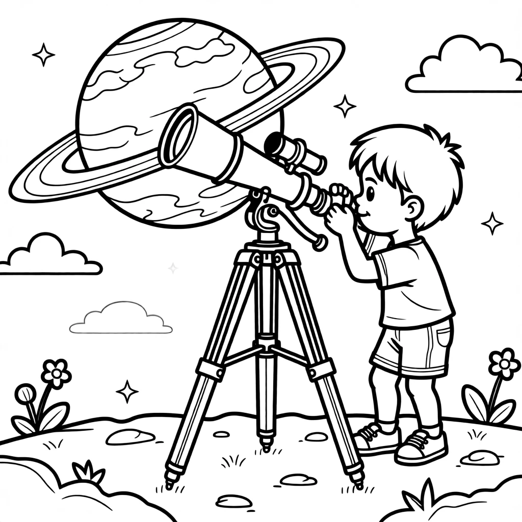 a bold little boy peers through a big brass telescope at a ringed planet glowing on the horizon.