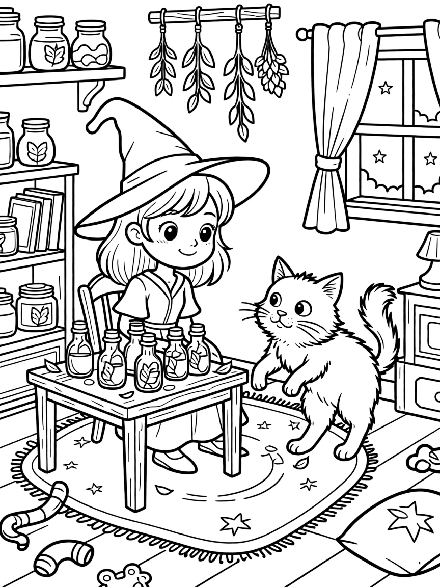A young witch's cat discovers a stash of catnip-scented potions and stumbles dizzily through the cluttered cottage.