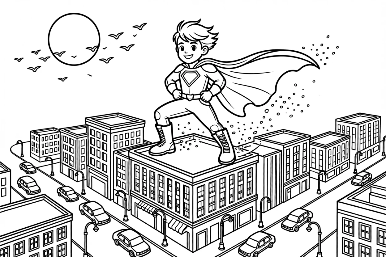 [Superheroes] a young superhero-in-training striking a heroic pose atop a building above busy city streets. In the background, birds scatter as the hero zooms past, adding extra fun to explore. Sturdy boots complete the heroic costume. It all happens under a full moon, with dust kicked up by the wind.