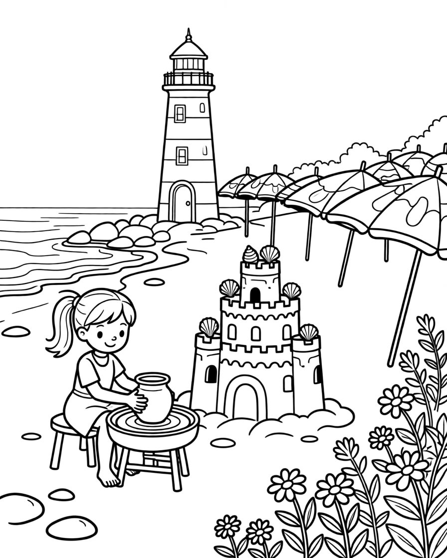 A girl potter shaping clay on a spinning wheel is building a tall sandcastle decorated with seashells beside a lighthouse on a rocky coast. Close by, a row of colorful umbrellas and wildflowers swaying gently in the wind add a playful, cheerful touch.