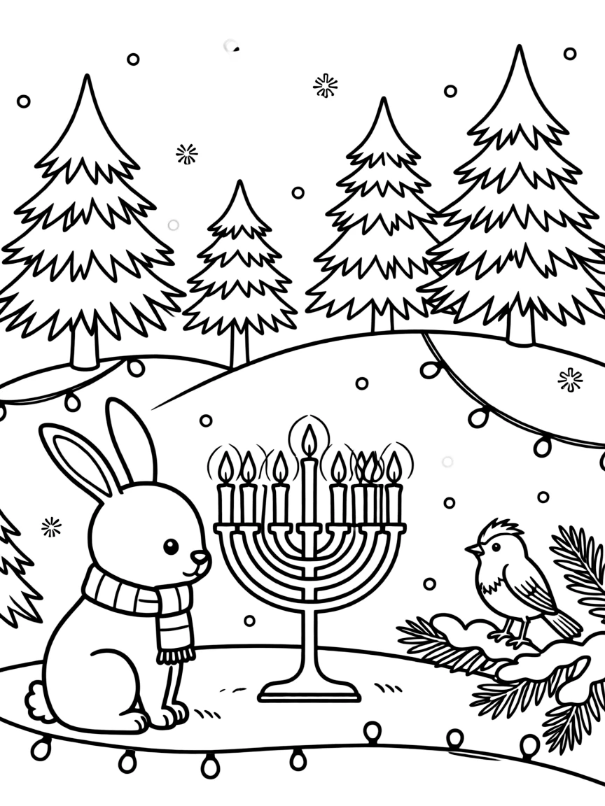 A floppy-eared bunny sitting beside a menorah glowing with candles one by one on a hillside dotted with snow-frosted evergreens, with a robin perched on a snowy branch and a string of twinkling lights scattered about.