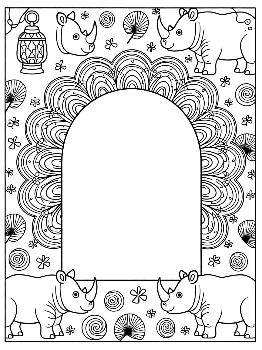 Zoo & Safari Animals: The page centers on a repeating motif of a rhinoceros with a single curved horn, built around an arched dome mandala built from layered nested arches. The motif is arranged evenly around the four edges of the page, forming a continuous decorative frame around a clear center space. Decorative details fill the surrounding space, including tightly coiled spiral shells, fan-shaped feather clusters, and tiny pinwheel stars woven throughout the background. A playful extra touch completes the page: a little lantern glowing softly in one corner of the pattern.