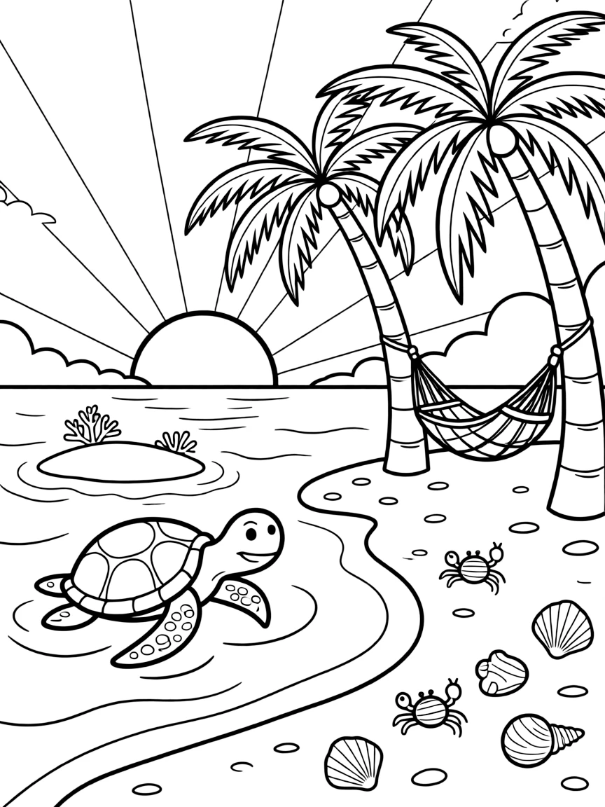 [Tropical Islands] A sea turtle swims lazily near a small island ringed with coral and clear blue water. Hermit crabs explore a scattering of shells beneath a cluster of leaning palm trees. A rope hammock hangs between two palm trees overlooking a curve of white sand. A warm breeze rustles the palm fronds as the sun sets in brilliant orange and pink.