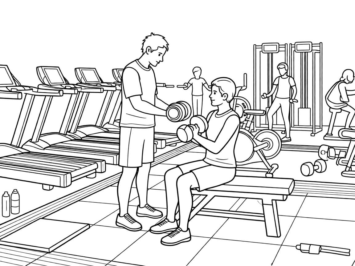 A personal trainer spots a client lifting weights at a busy gym.