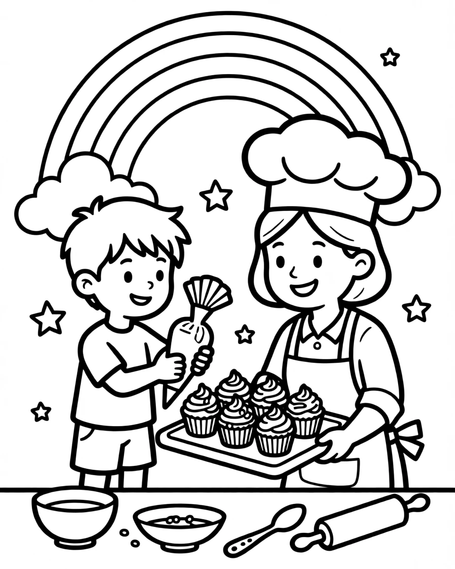 A preteen boy helping decorate cupcakes with a baker with a rainbow arching overhead.