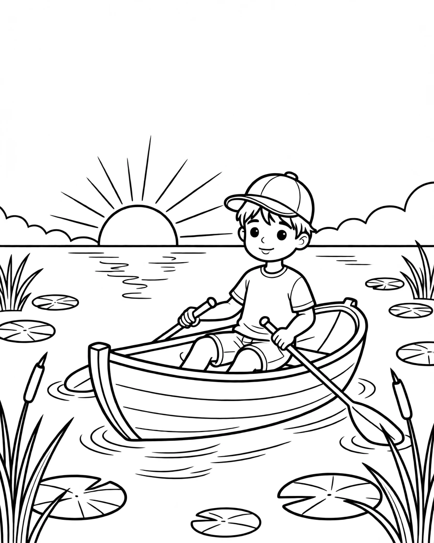 A confident boy wearing a bright cap, watching the sunrise reflect on the water during an early morning row.