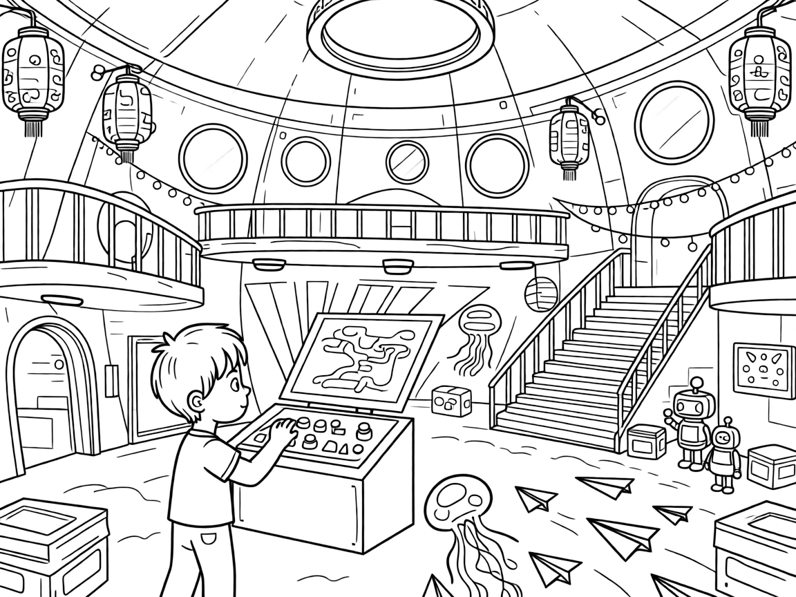 Inventor kid Sable testing a holographic map projector leading a scavenger hunt through an abandoned but friendly space station in a night market lit by paper lanterns and glowing jellyfish, as a fleet of paper airplanes gliding past and twinkling string lights strung between floating platforms fill the scene.